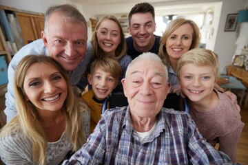 Obraz premium Extended Happy Family Generations Portrait Living Room Handicapped Grandfather