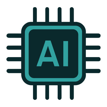 Stylized microchip icon featuring the letters 'AI' at its center, symbolizing artificial intelligence hardware, machine-learning processors and computing core design.