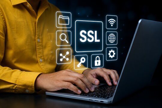 Person typing on laptop with ssl security icons and glowing text overlay