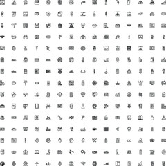 Fototapeta premium Modern collection of outline symbols providing diverse communication tools, technology elements, food items, human concepts, and business pictograms for various applications