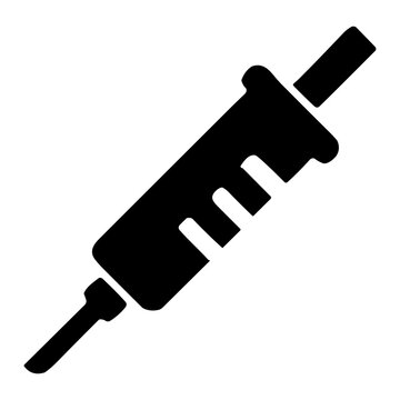 Black silhouette of a hypodermic syringe angled diagonally, showing barrel, plunger, and needle in minimalist vector icon style on a white background representing medical injection.