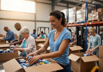 Fototapeta premium Group of volunteers packing food donations in a warehouse donation center