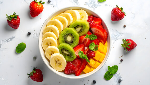 Colorful fruit bowl with strawberries banana kiwi and mango in bright natural light healthy lifestyle