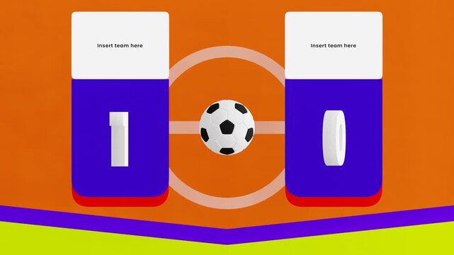 Colorful soccer score transition with 1-0 scoreboard, editable team panels, smooth motion graphics in 4K looping 60 FPS for sports broadcasts, livestreams, highlights, and match presentation.