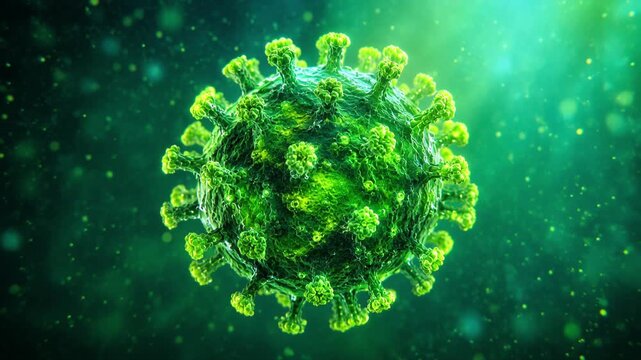 Rotating green virus cell microscopic, dangerous pathogen and disease immunology medical concept 3D animation