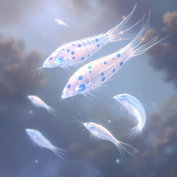 Microscopic 3D illustration of translucent copepod zooplankton organisms with glowing blue spots swimming in deep water