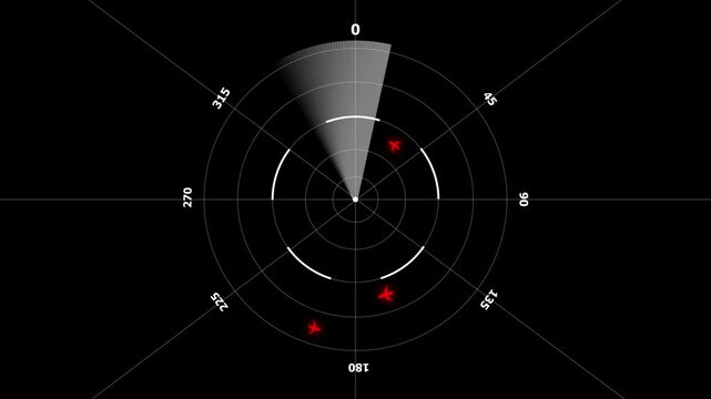 Radar screen displays multiple red airplane icons with a scanning sector indicating surveillance. Radar screen detects enemy aircraft. Digital system supports defense, tracking and security.