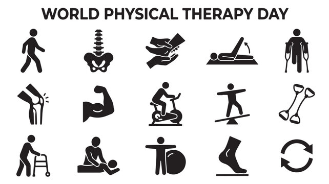 World Physical Therapy Day icon set, physiotherapy rehabilitation symbols, 15 black vector icons for medical recovery and exercise
