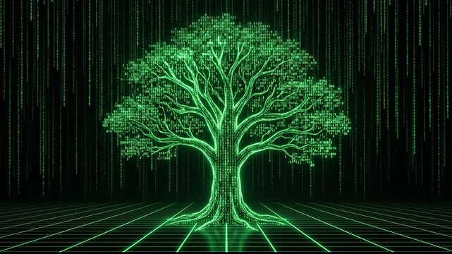 Green digital binary code tree growing in virtual matrix cyber space
