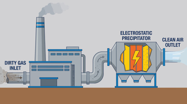 Infographic diagram of an electrostatic precipitator industrial air pollution control system