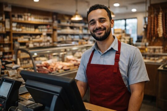 Friendly butcher shop cashier smiling.