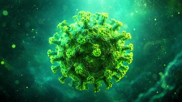 Rotating green virus cell microscopic, dangerous pathogen and disease immunology medical concept 3D animation