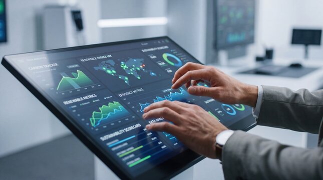 Close-up of hands using tablet to control renewable energy mix and efficiency metrics, carbon tracker dashboard, sustainable scorecard interface