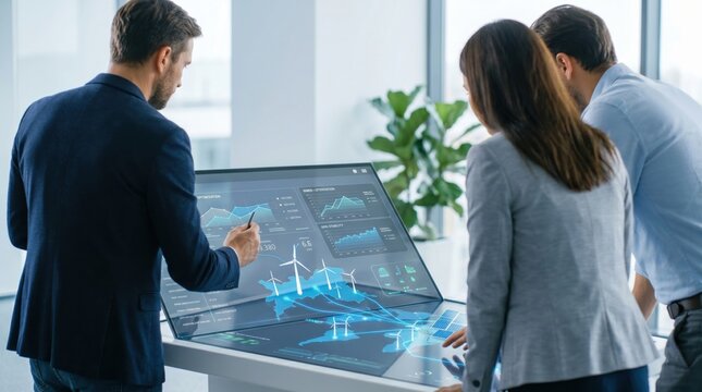 Business team collaborating around interactive table with holographic map showing wind turbines, renewable energy strategy meeting