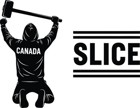 Black silhouette of a hooded person holding a sledgehammer  Canada Slice logo