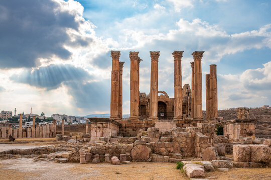 Front view of the Temple of Artemis in Jerash, Jordan