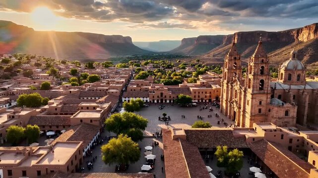 Ancient desert village nestled in a canyon during sunset.