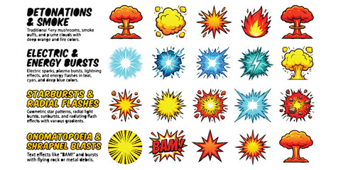 Set of colorful comic book explosion and energy blast vector elements ©  Designer