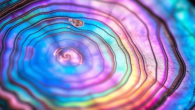 Macro close up of iridescent abalone shell texture with vibrant colorful swirls