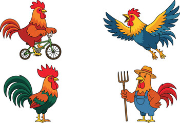 Cute Cartoon Rooster and Chicken Character Set with Funny Cockerel Riding Bicycle Flying Crowing and Wearing Farmer Overalls Vector Illustration © MbBasir