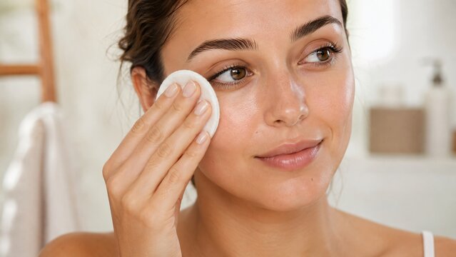 Woman cleaning skin with cotton pad in bathroom. Girl removing makeup from face. Skincare routine, facial hygiene and beauty care concept. Daily cosmetology treatment for fresh look.