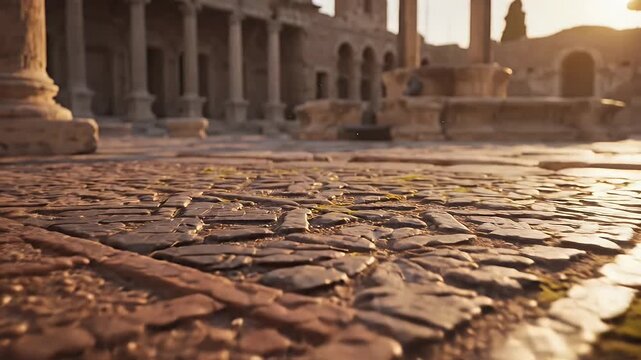 Ancient stone pavement with Roman ruins in the background at sunset.