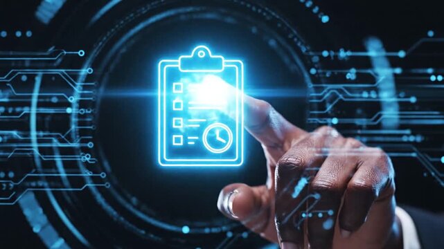 Futuristic glowing checklist icon on digital background with human hand