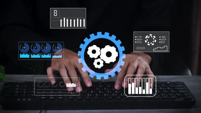 digital workflow management presentation with dashboard charts and programmer typing data on keyboard.