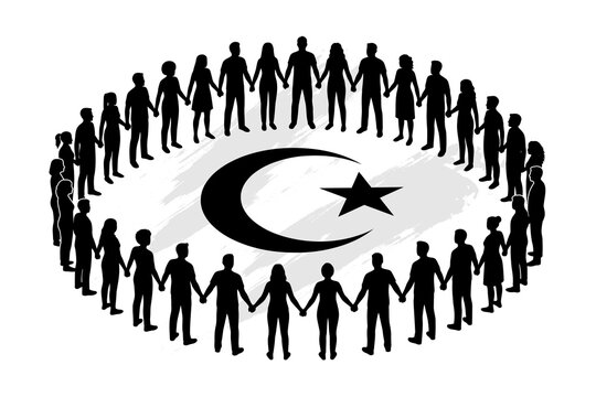 Silhouette of a diverse group of people holding hands in a circle around the Turkish crescent and star symbol