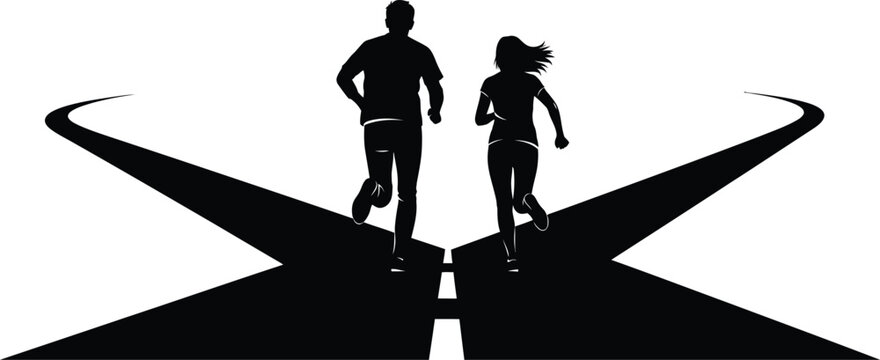 Silhouette of couple running on diverging road paths together