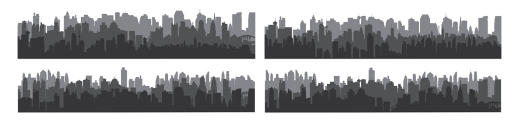 Obraz premium Four grayscale urban city skyline silhouettes.