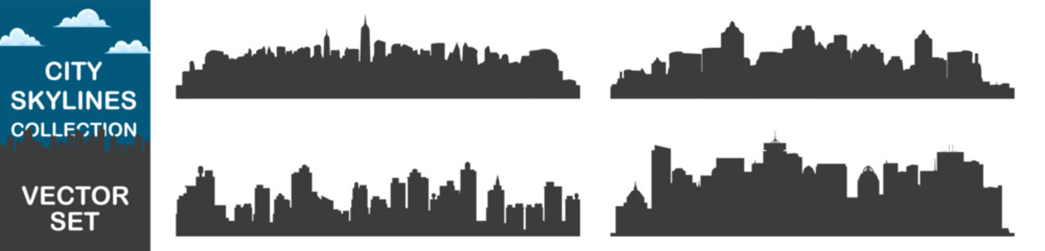 Silhouettes of four city skylines in vector.