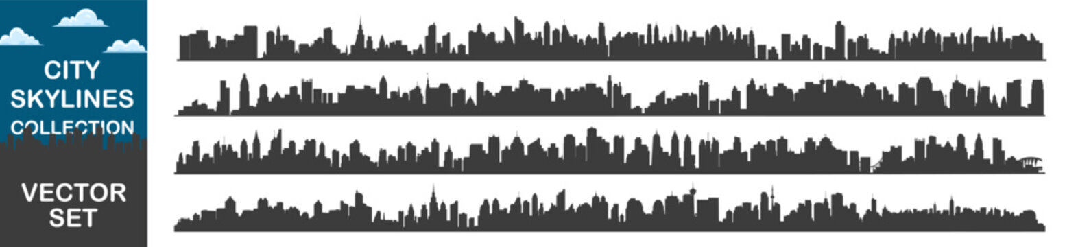Collection of black city skyline silhouettes in vector style. Urban landscape line art icons.