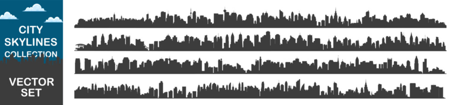 Silhouettes of various city skylines vector set.