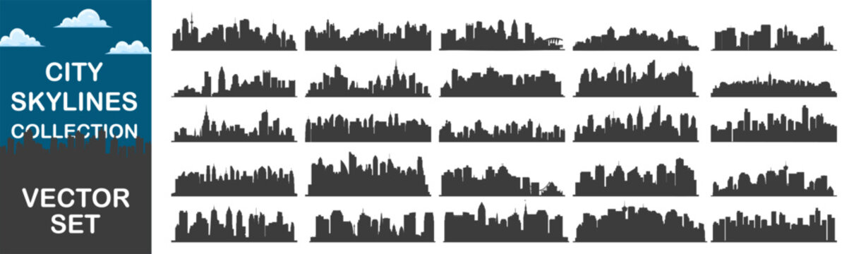Black city skylines silhouette collection. Urban landscape vector set with various cityscapes.