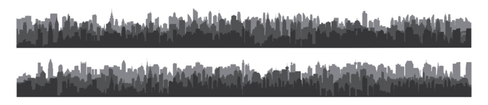 Two-layer urban skyline silhouette with varied skyscraper outlines. Panorama cityscape in black and gray tones.