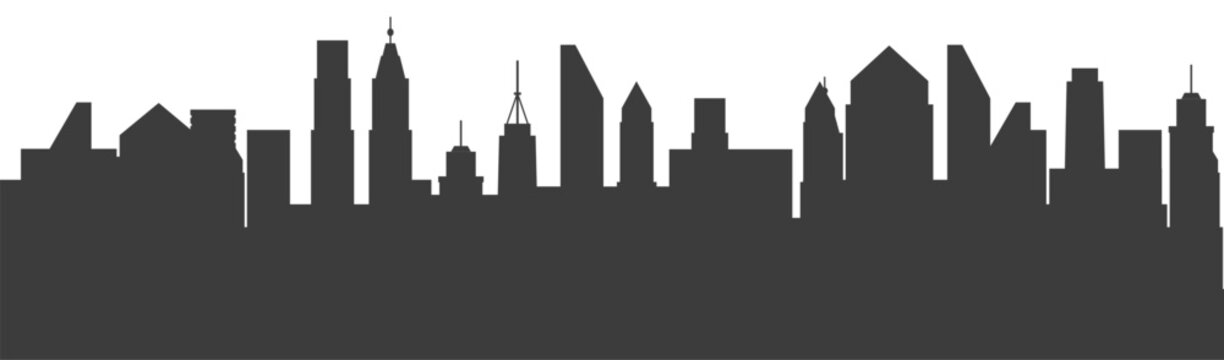 Black city skyline silhouette with skyscrapers and urban buildings vector.