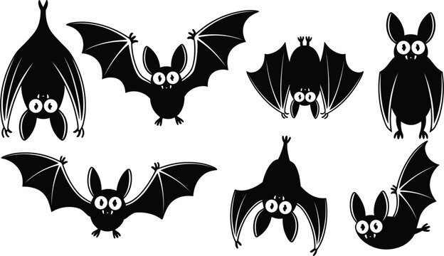 Cute cartoon bats vector illustration, black silhouette halloween spooky animals set isolated on white background