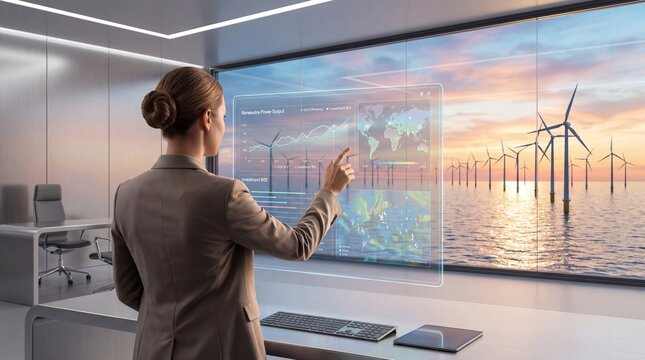 Woman interacting with futuristic holographic interface showing wind farm data and world map, renewable energy technology concept in high tech control room with ocean view