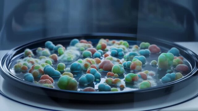Multicolored mold colonies spreading across glossy petri dish with liquid pooling, fuzzy growth, rounded clusters, wet surface, clinical laboratory scene, with petri, dish, mold, colony detail
