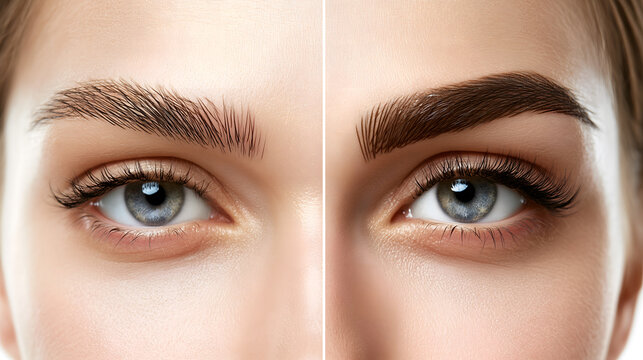 Before and after split composition of sparse natural eyebrows versus fully microbladed defined eyebrows, side by side, white background