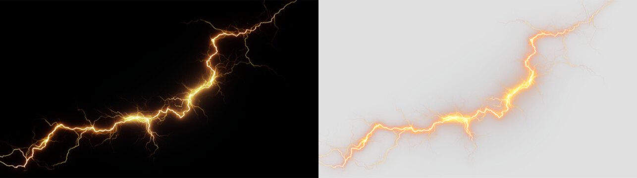 Lightning bolt on transparent background with bright orange color and dynamic shape