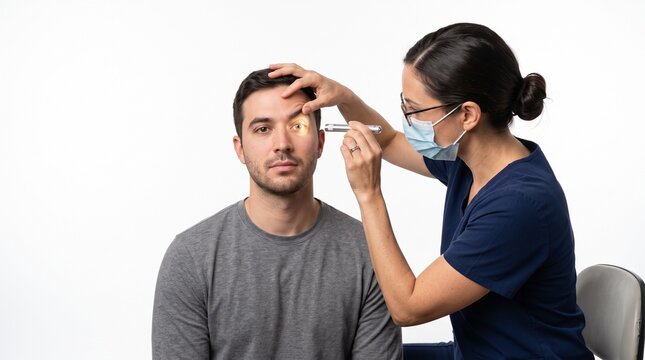 Pupillary Light Reflex Examination by Healthcare Professional on Clean Background
