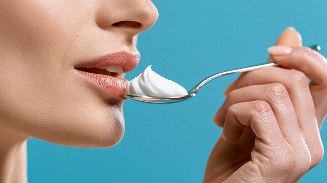 Close up of a young woman tasting a spoonful of fresh white yogurt, healthy lifestyle and skincare concept.