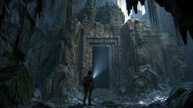 Explorer with a flashlight standing before a mysterious ancient temple stone entrance inside a dark hidden cave.