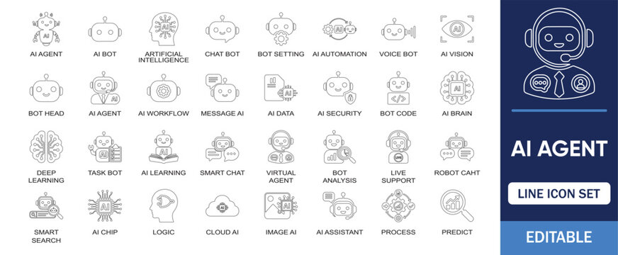 AI Agent and Machine Learning editable line icon set. Vector symbol for ai bot, chatbot, ai vision, deep learning, voice bot, workflow, automation. Artificial intelligence & virtual assistant icons.
