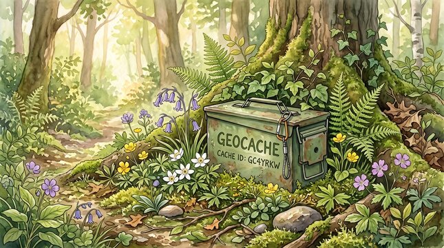 geocache box, hidden treasure, forest scenery, outdoor adventure