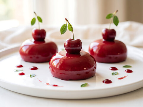 Three gourmet cherry desserts with mirror glaze on white plate served with small green leaf.