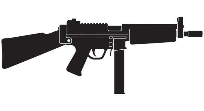 Submachine Gun Silhouette On White Background Monochrome Weapon Illustration automatic
