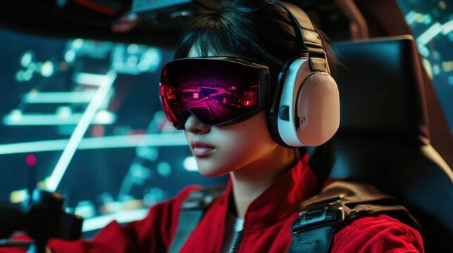 Futuristic pilot in virtual reality simulator wearing high tech vr goggles in a high tech cockpit environment